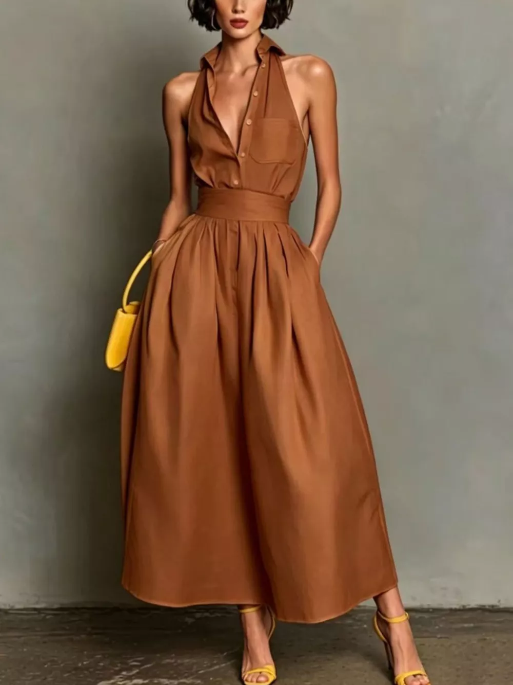 Sleeveless Collared A-Line Midi Dress