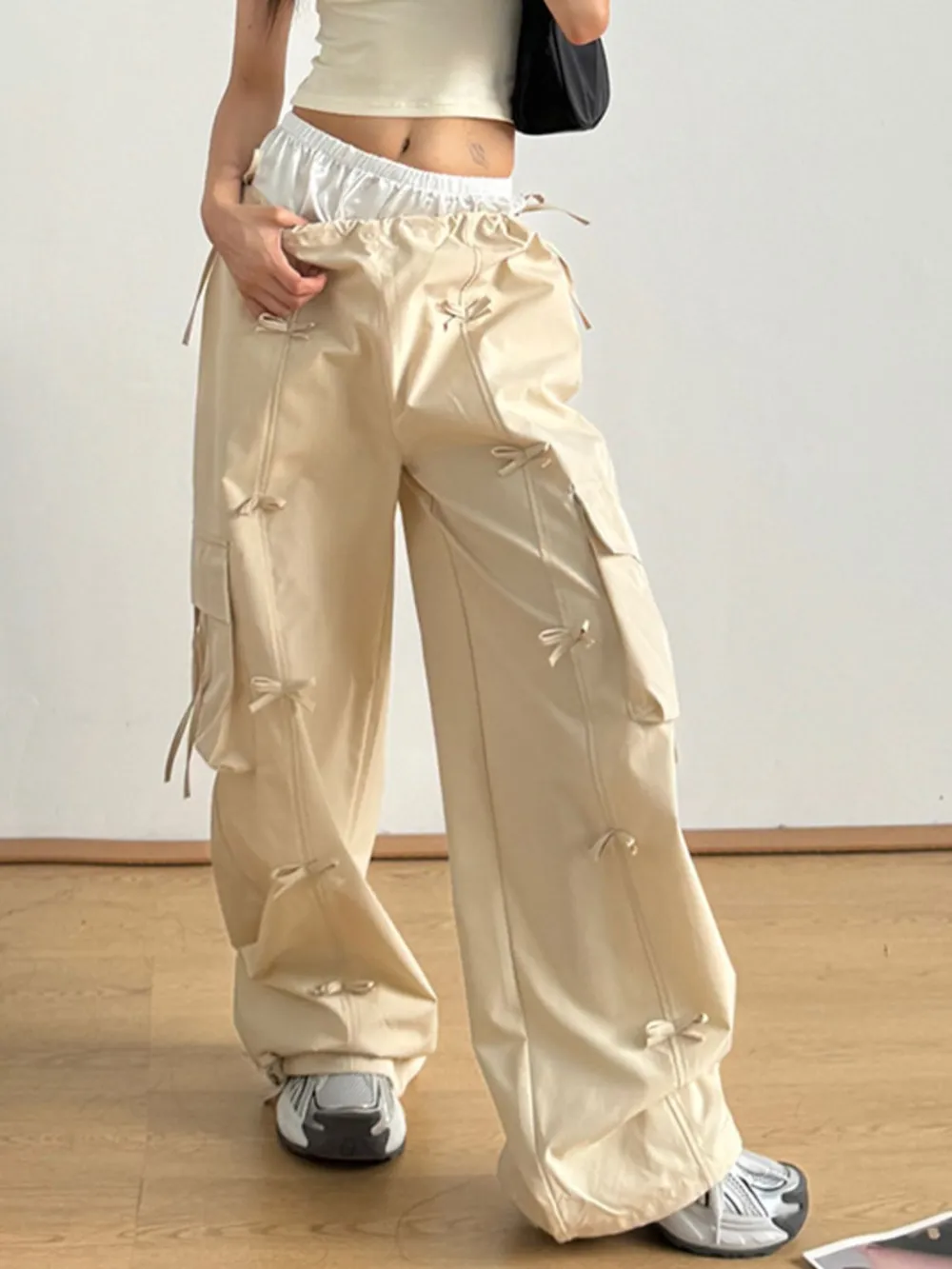 Bow Elastic Waist Cargo Pants, image 3