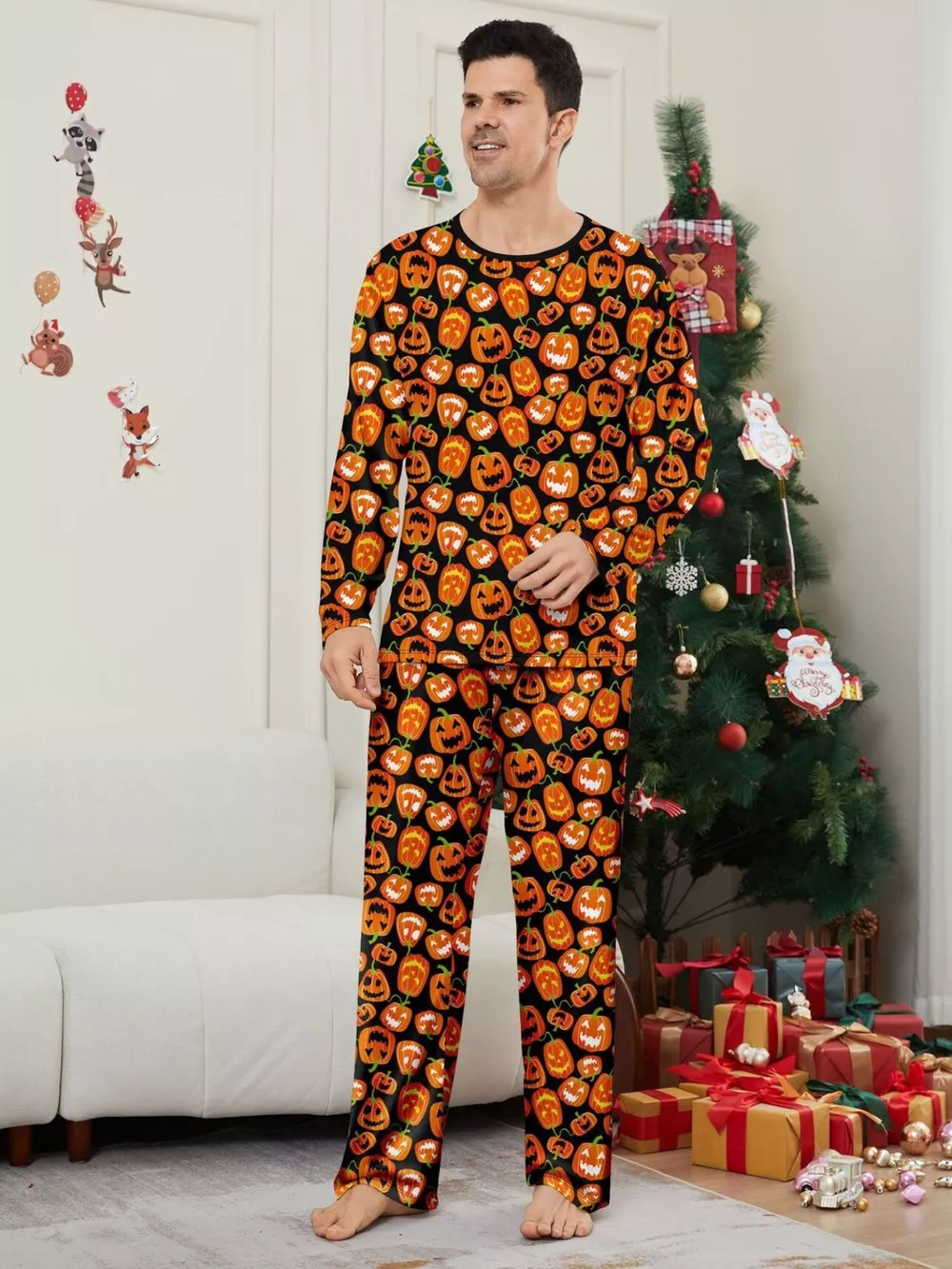 Full Size Family Matching Halloween Pumpkin Print Pajama Set Plus Size