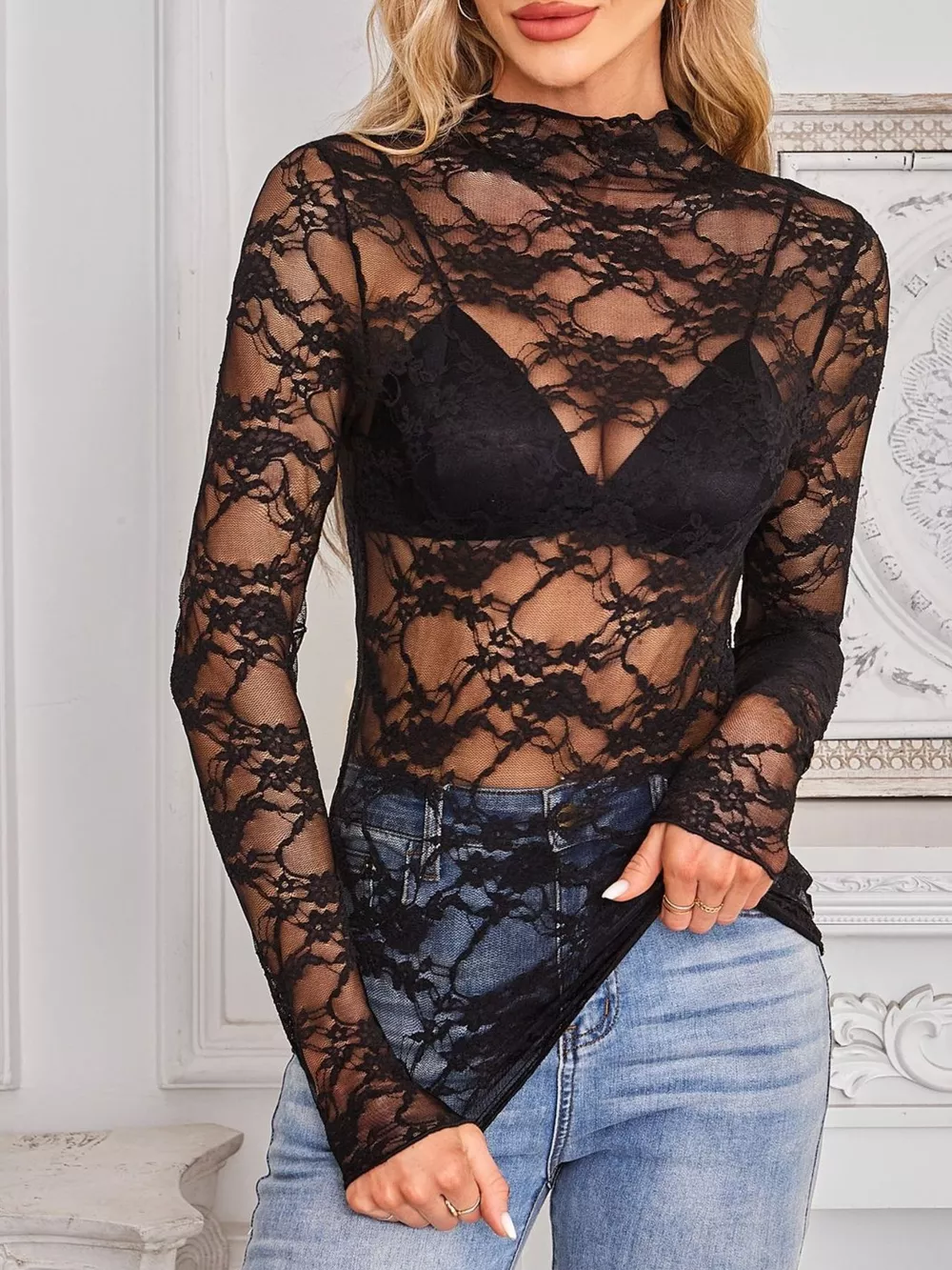 Sheer Floral Lace Long Sleeve Top, image 14