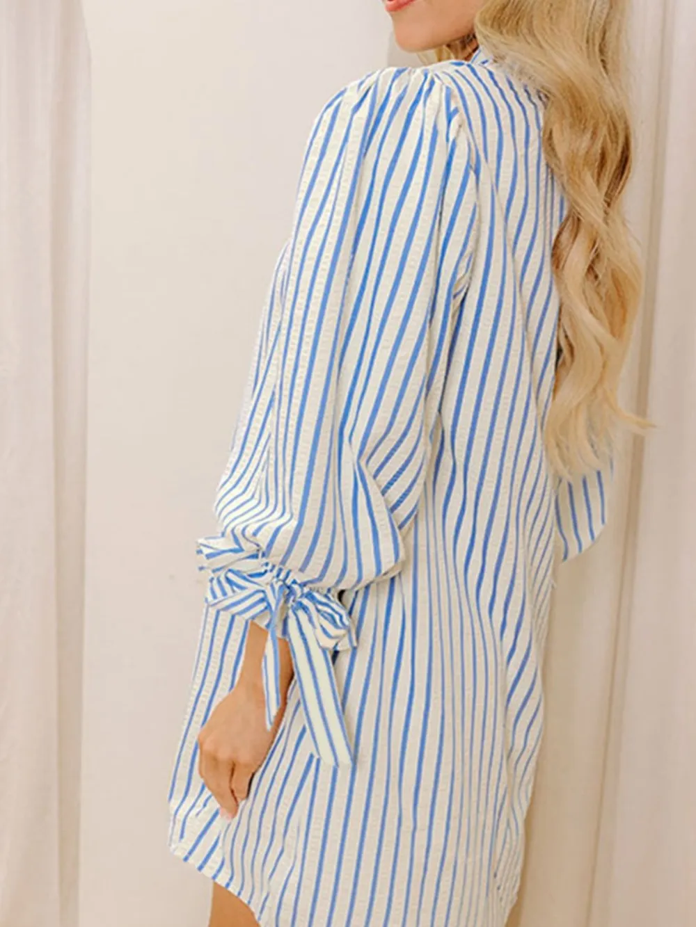 Stripe Knotted Sleeve Notched Shift Mini Dress, image 4