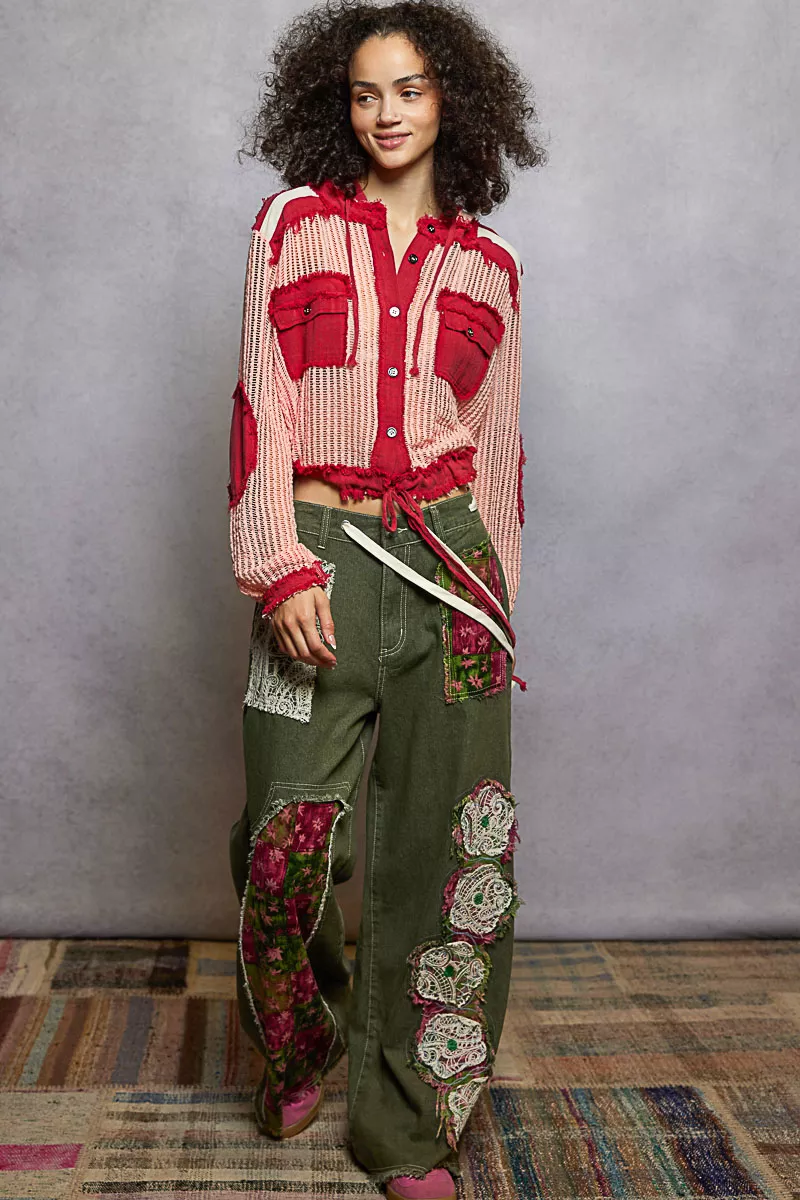 Texture Woven Button Down Hooded Shirt with Drawstring Hem, image 5