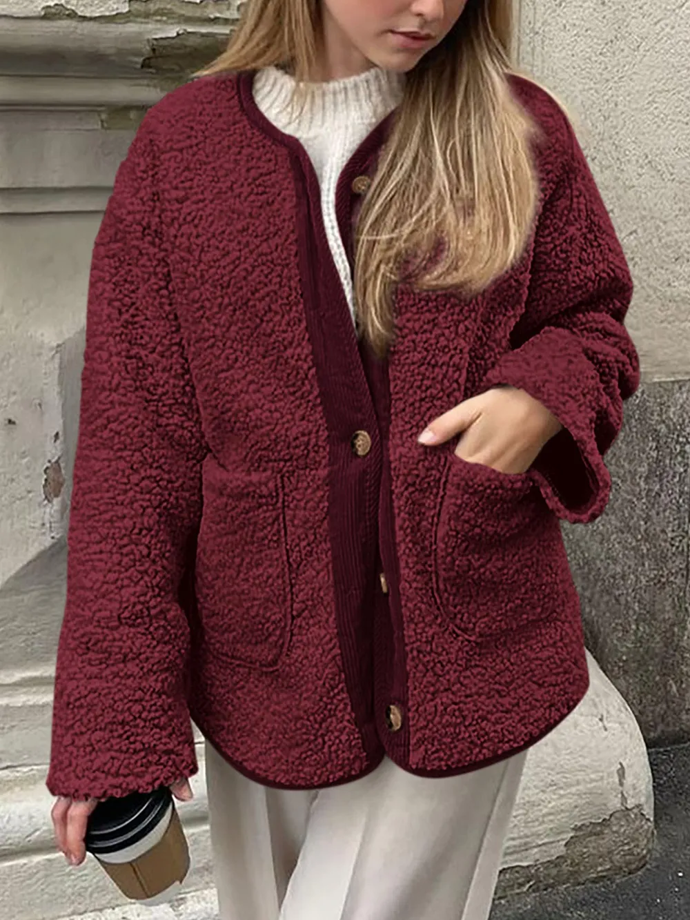 Contrast Button Up Sherpa Jacket with Pockets, image 20