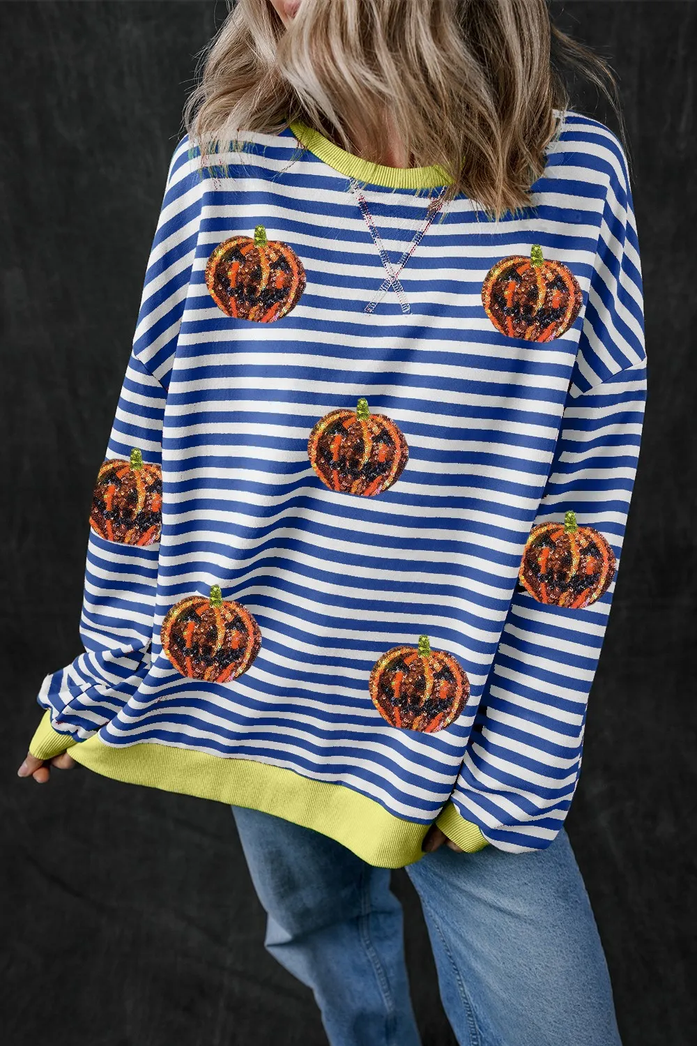 Pumpkin Striped Round Neck Long Sleeve Sweatshirt, image 13