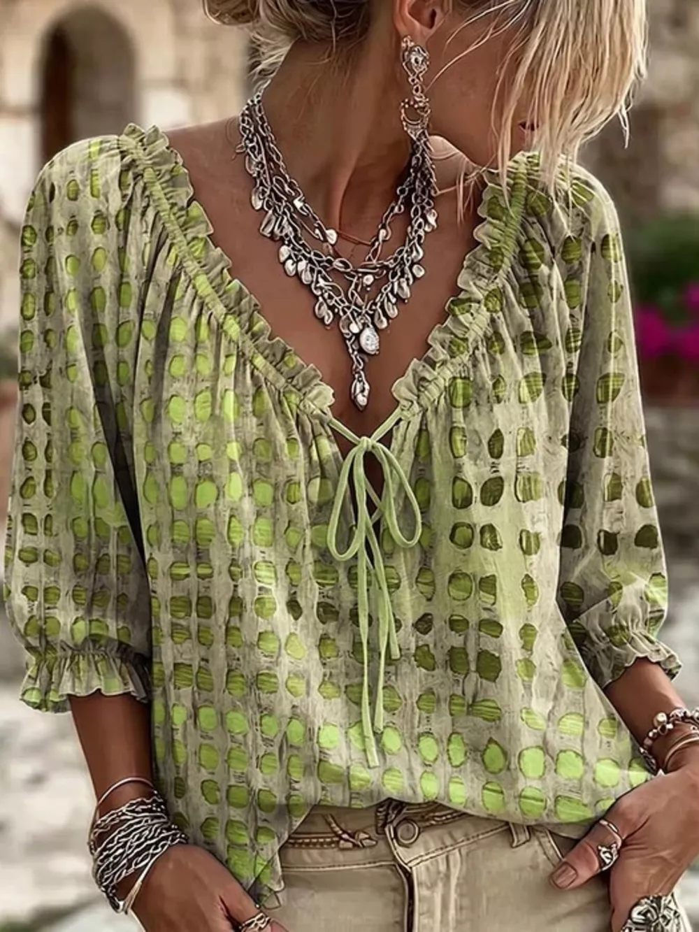Full Size Tie Neck 3/4 Sleeve Blouse Plus Size, image 8