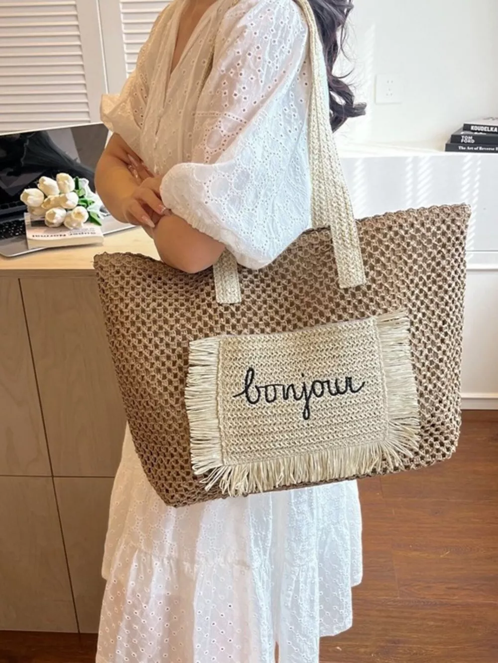 Fringe Straw Shoulder Bag, image 4