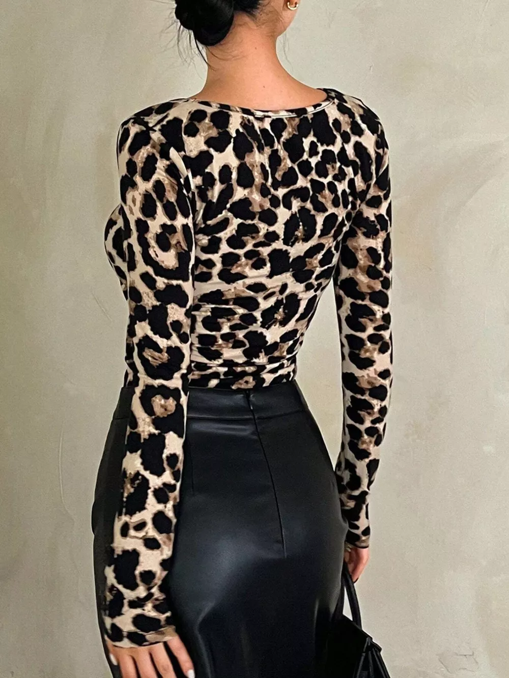 Leopard Print Square Neck Long Sleeve Top, image 3