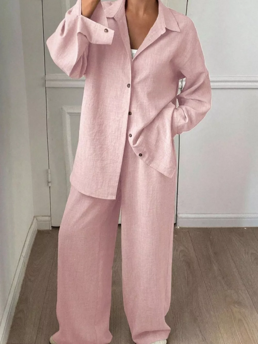 Button Up Long Sleeve Shirt and Wide Leg Pants Set, image 29