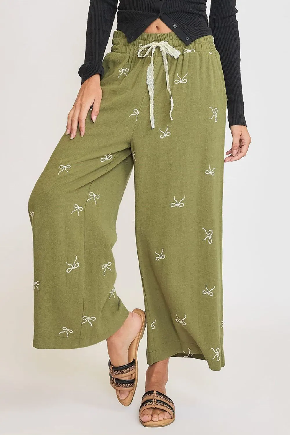 Full Size Lace Drawstring Embroidered Bow Wide Leg Pants Plus Size, image 5