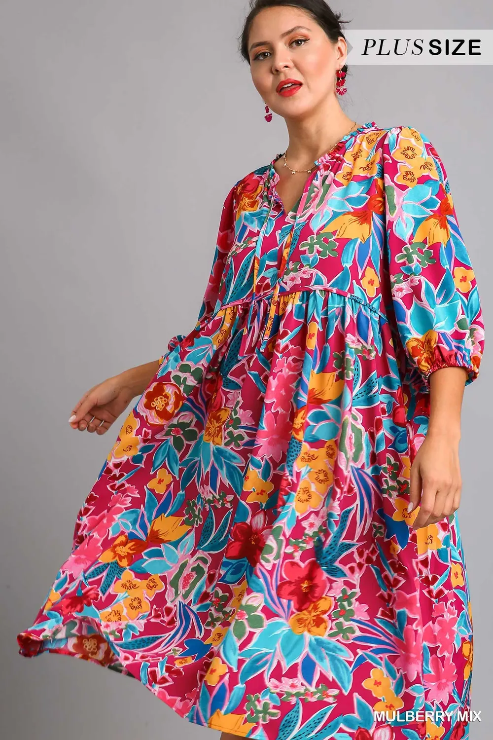 Full Size Floral Print Tie Neck Midi Dress with Pockets Plus Size, image 10