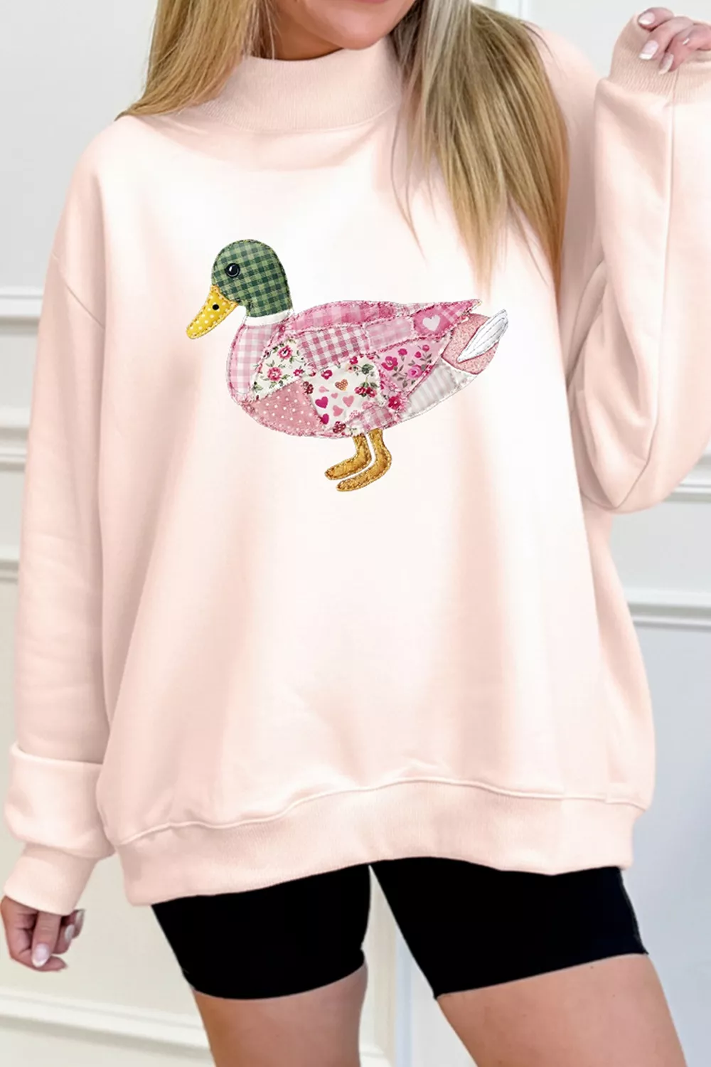 Patchwork Mallard Printed Graphic Mock Neck Pullover Sweatshirt, image 4