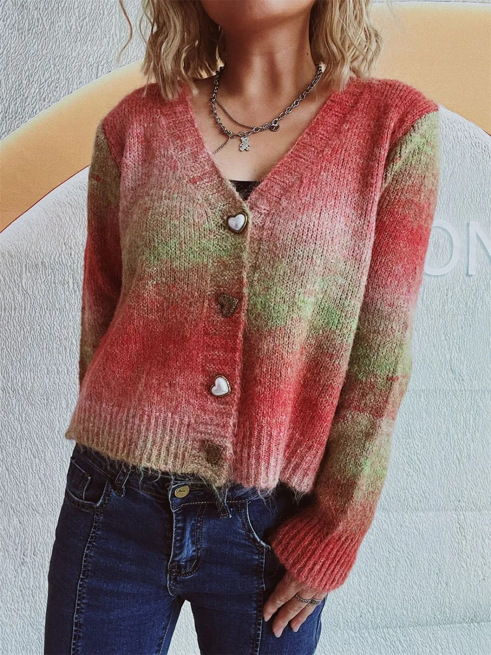 Gradient Heart Shape Button V-Neck Cardigan, image 5
