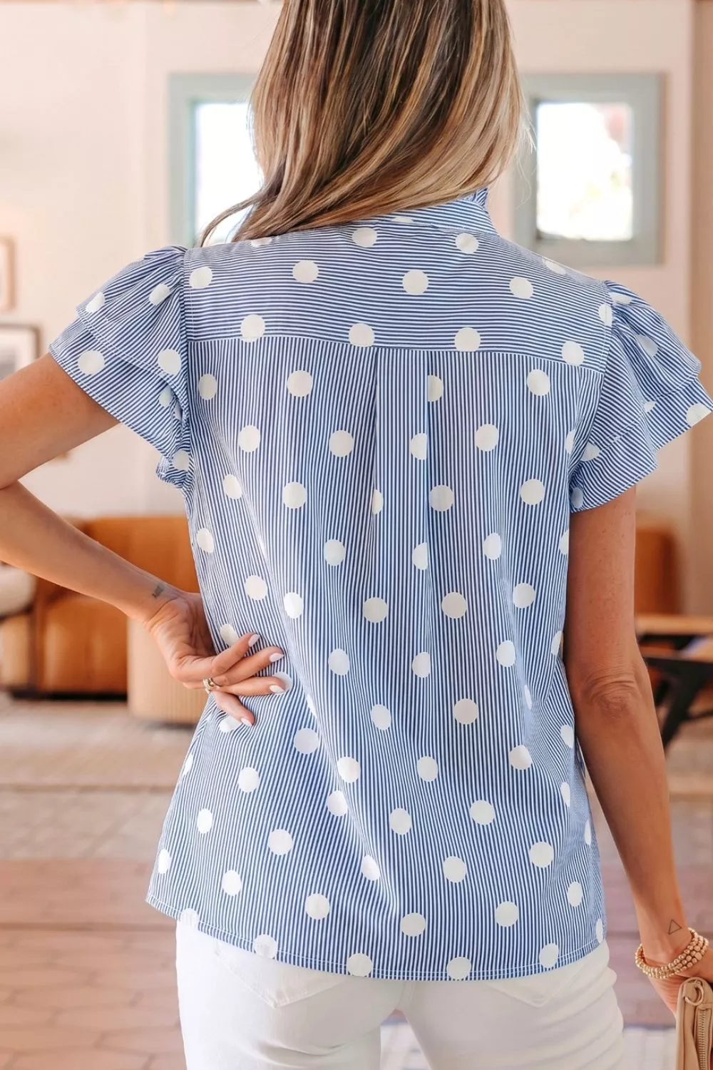 Stripe Contrast Polka Dot Print Pleated Ruffle Sleeve Shirt, image 2
