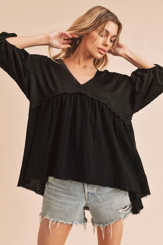 High-Low Frayed Hem V-Neck Blouse