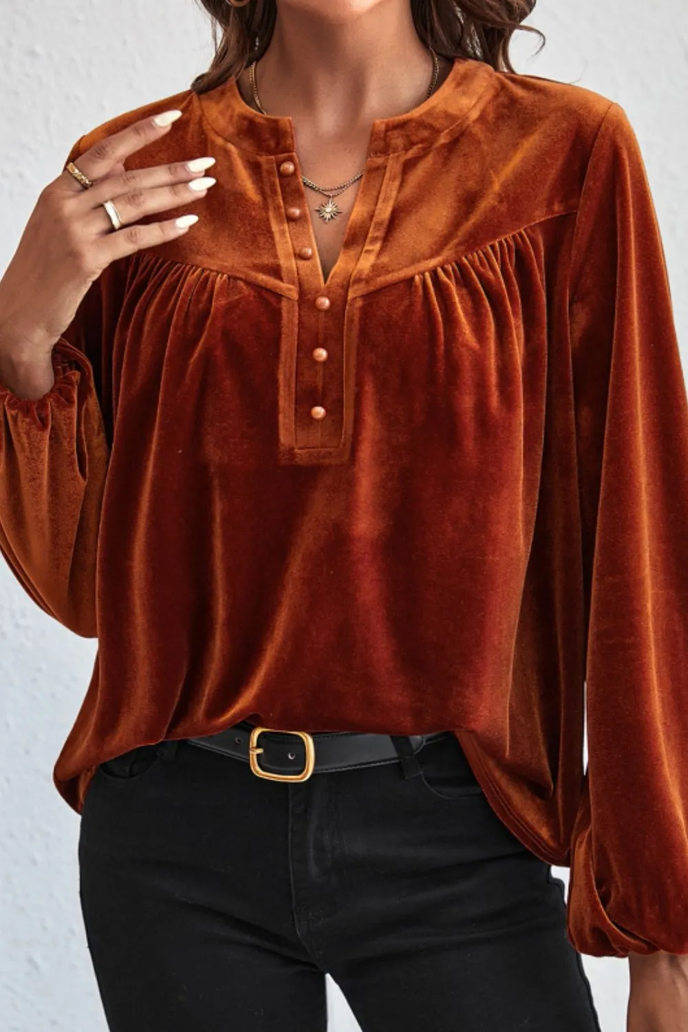 Notched Long Sleeve Velvet Top, image 9