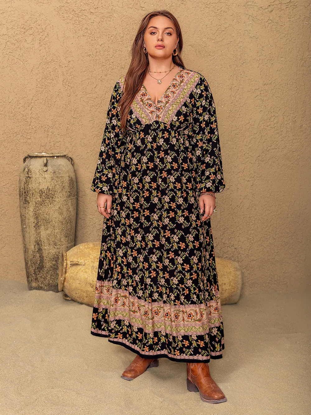 Plus Size Floral V-Neck Balloon Sleeve Dress, image 7