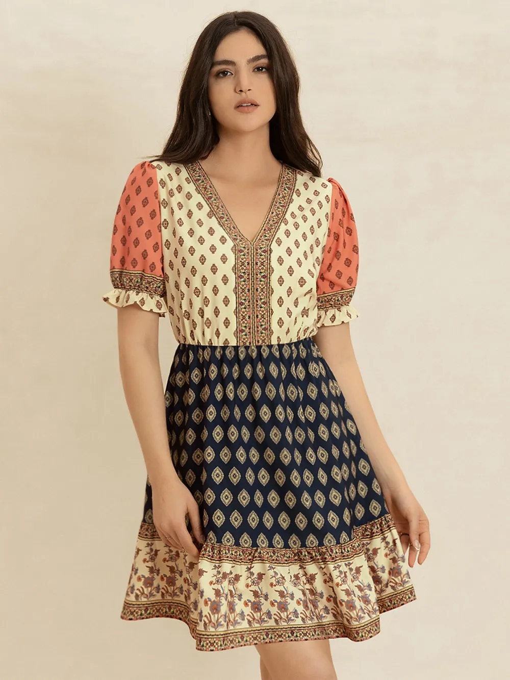 Printed V-Neck Short Sleeve Dress, image 8