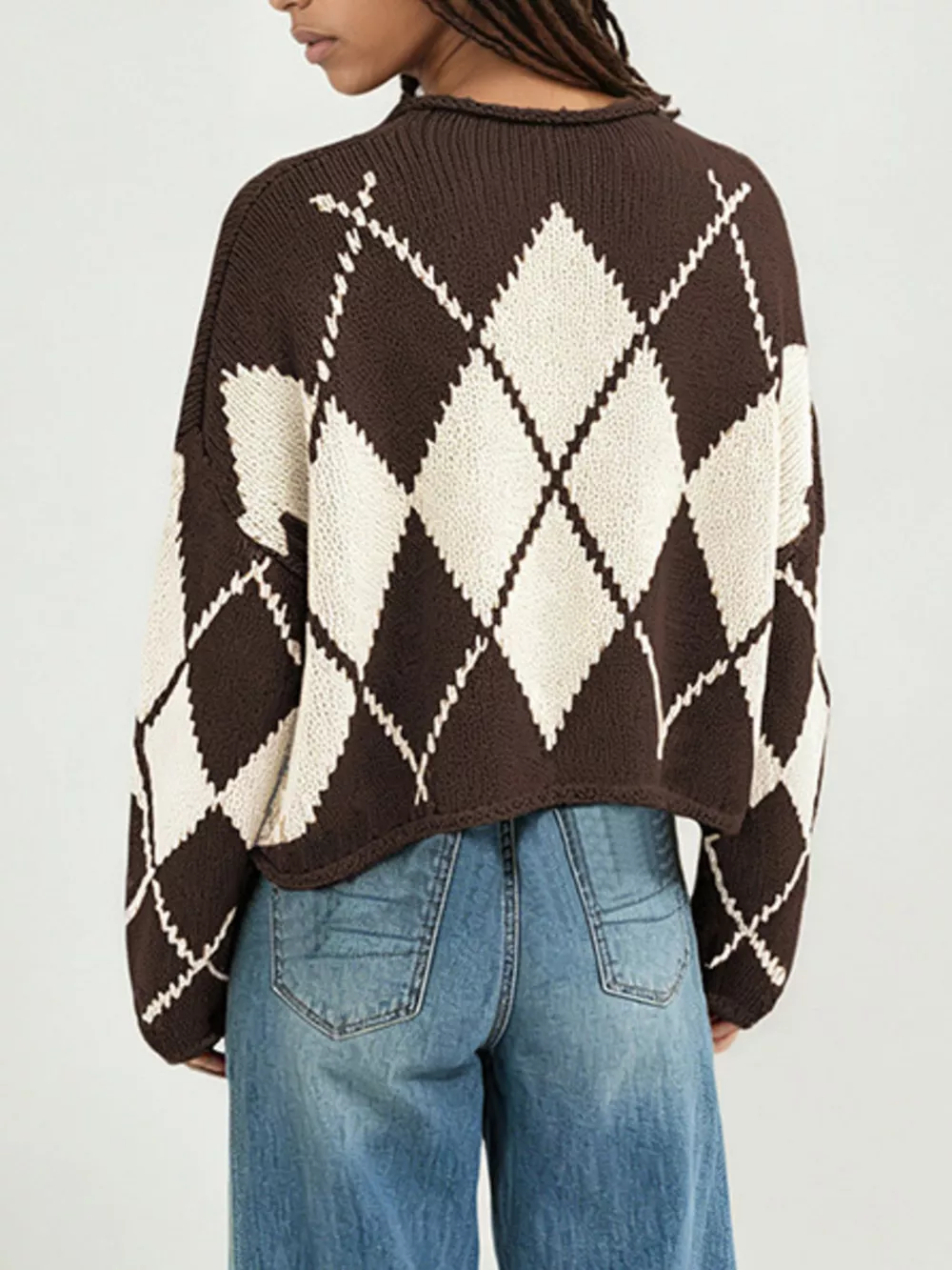 Argyle Pattern Knit Dropped Shoulder Sweater, image 8