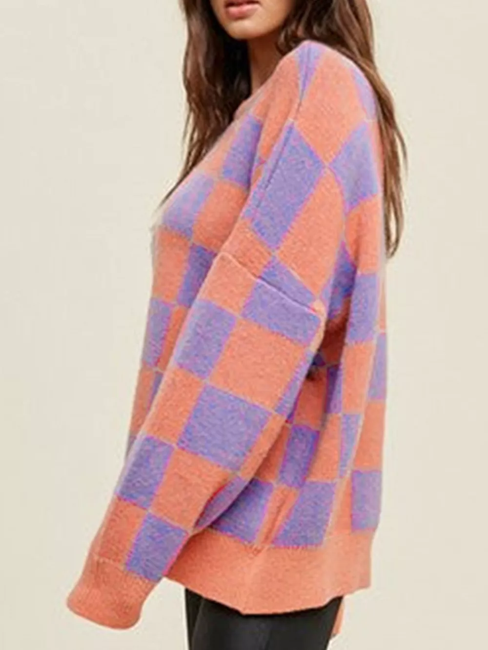 Checkerboard Chic Round Neck Sweater, image 4