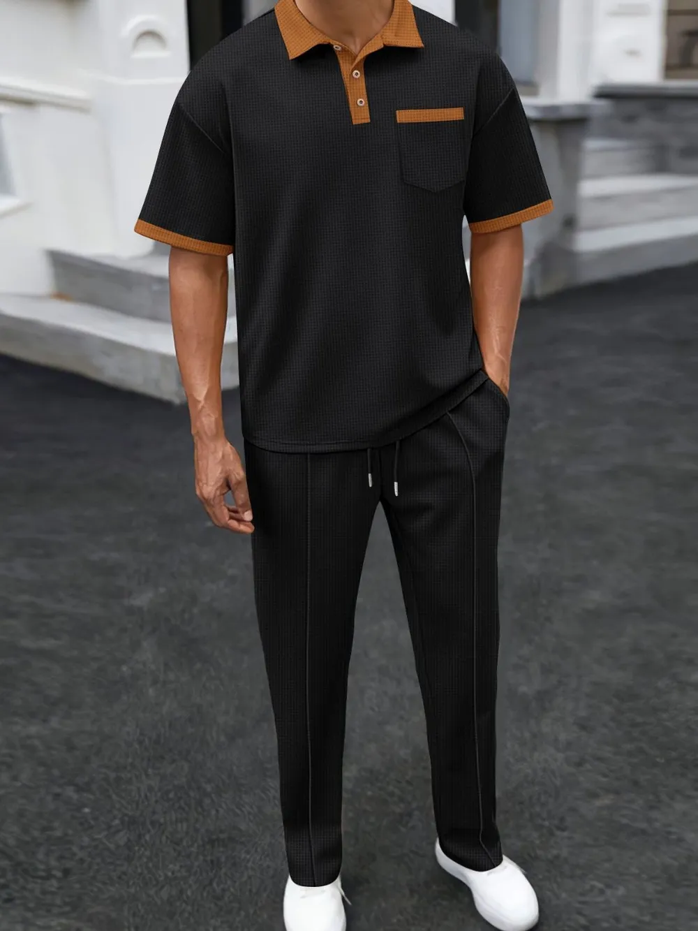 Men's Full Size Waffle-Knit Contrast Polo and Pants Set Plus Size, image 6