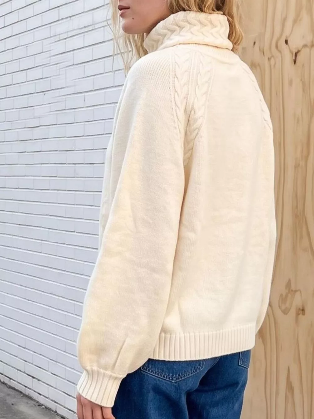 Cable-Knit Turtleneck Long Sleeve Sweater, image 3