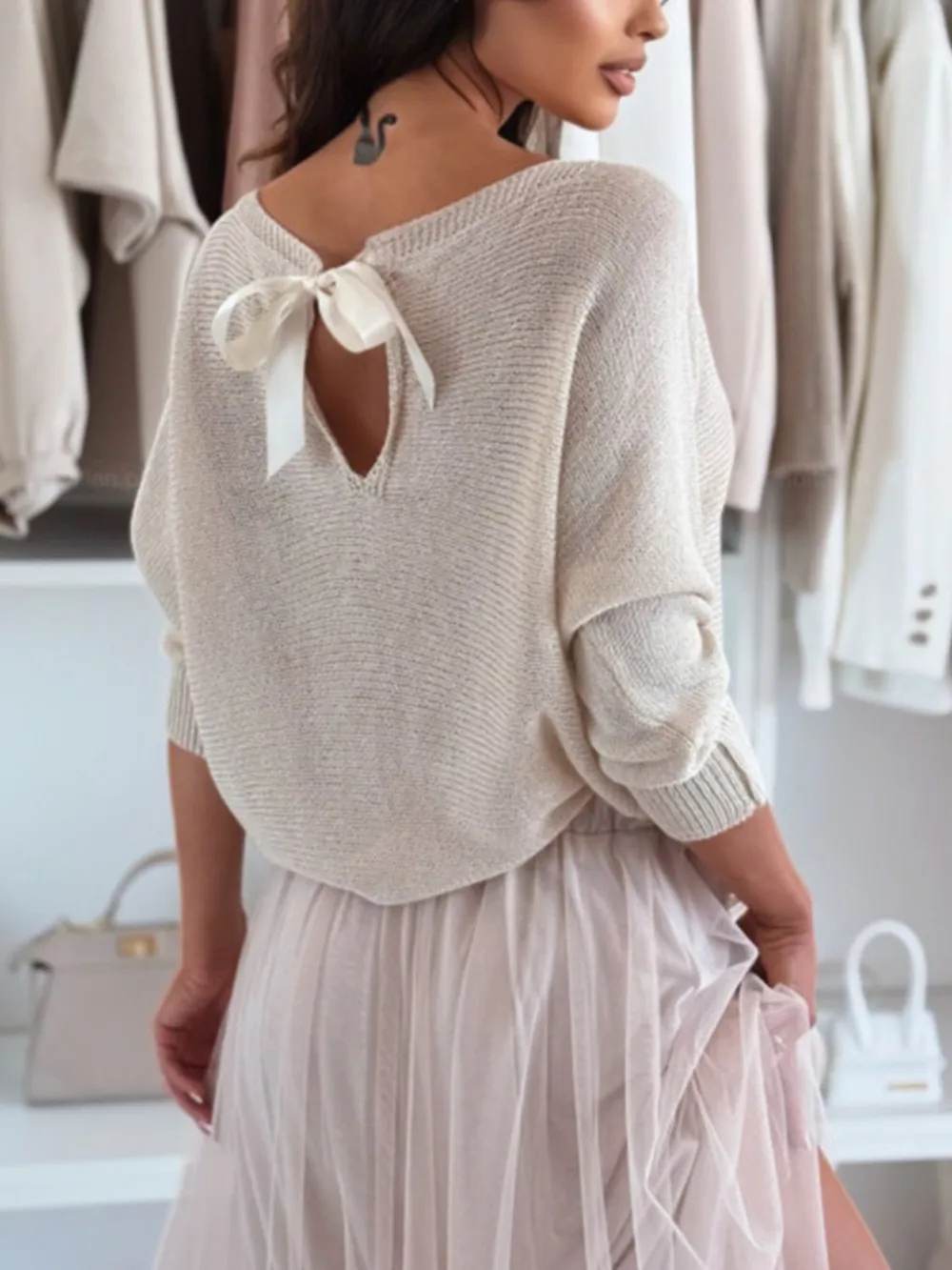 Bow Back Boat Neck Batwing Sleeve Sweater, image 16