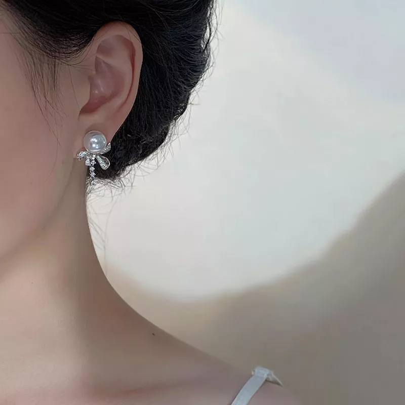 Pearl & Bow Drop Earrings, image 2