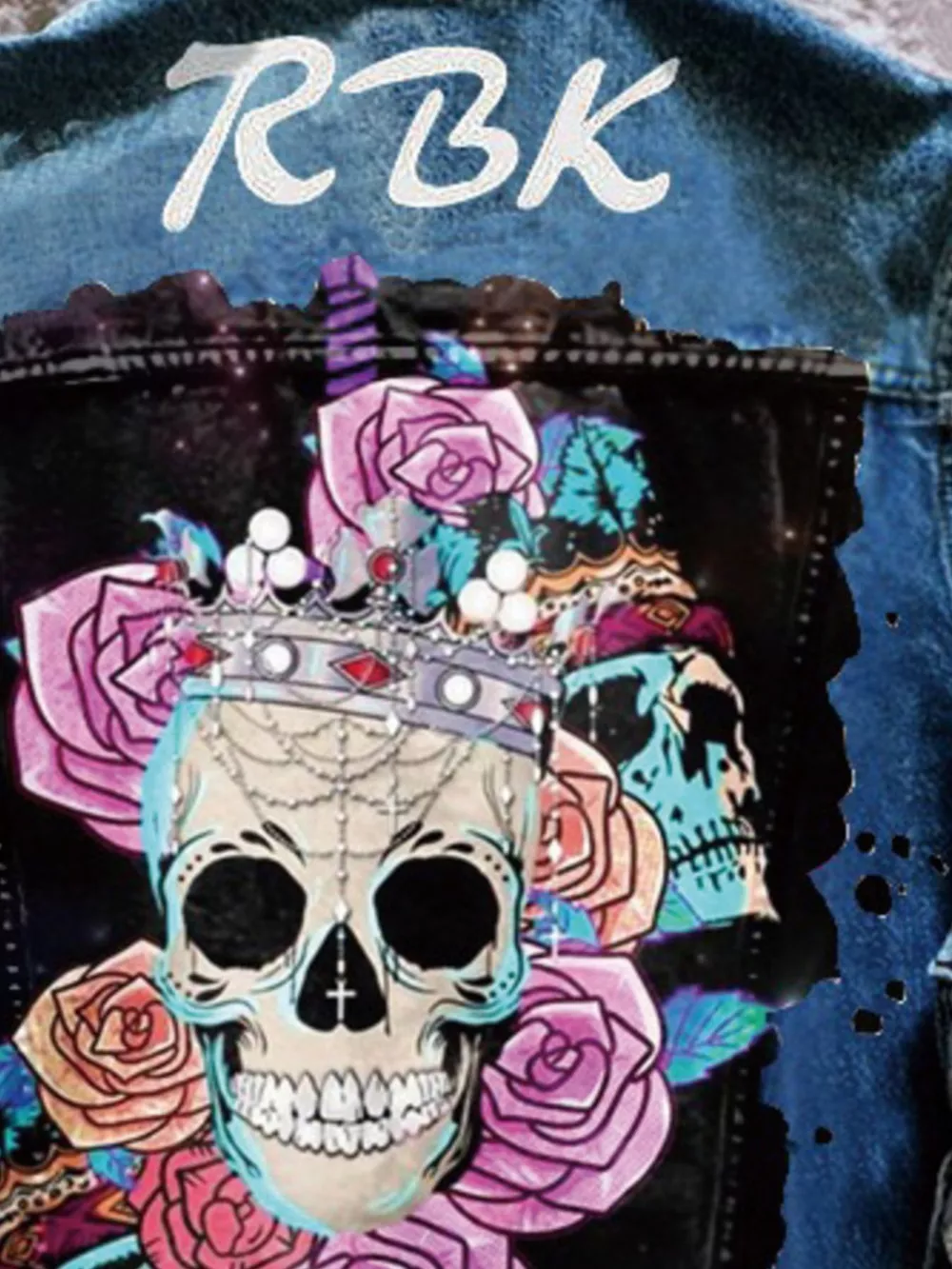 Full Size Skull and Rose Graphic Denim Jacket Plus Size, image 6
