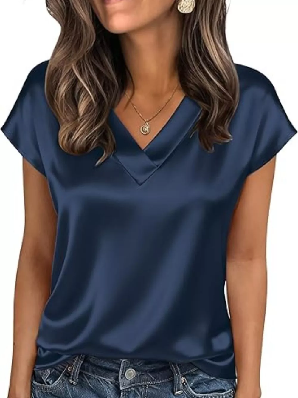 Satin V-Neck Short Sleeve Blouse, image 14