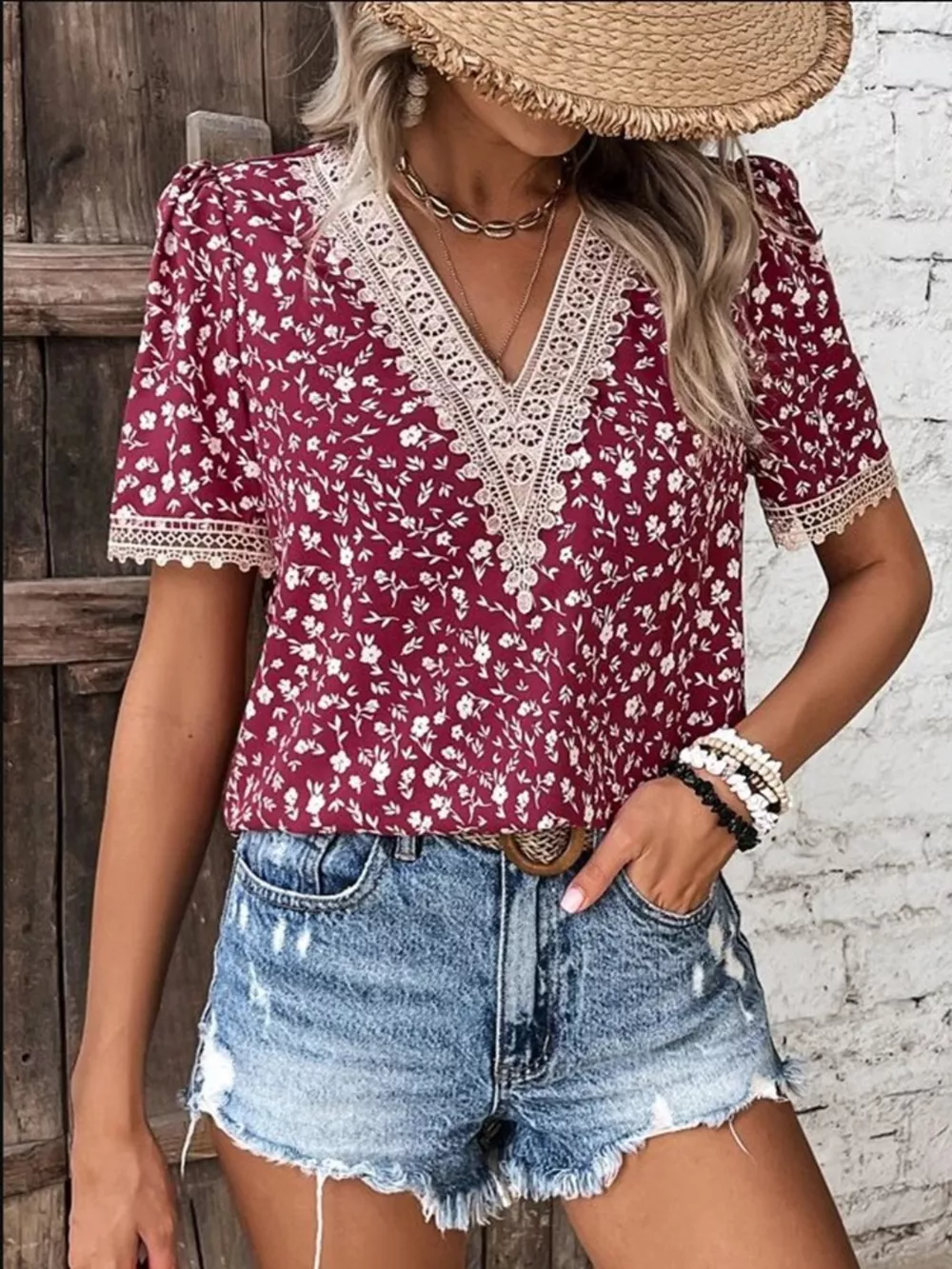 Full Size Printed V-Neck Short Sleeve Blouse, image 16
