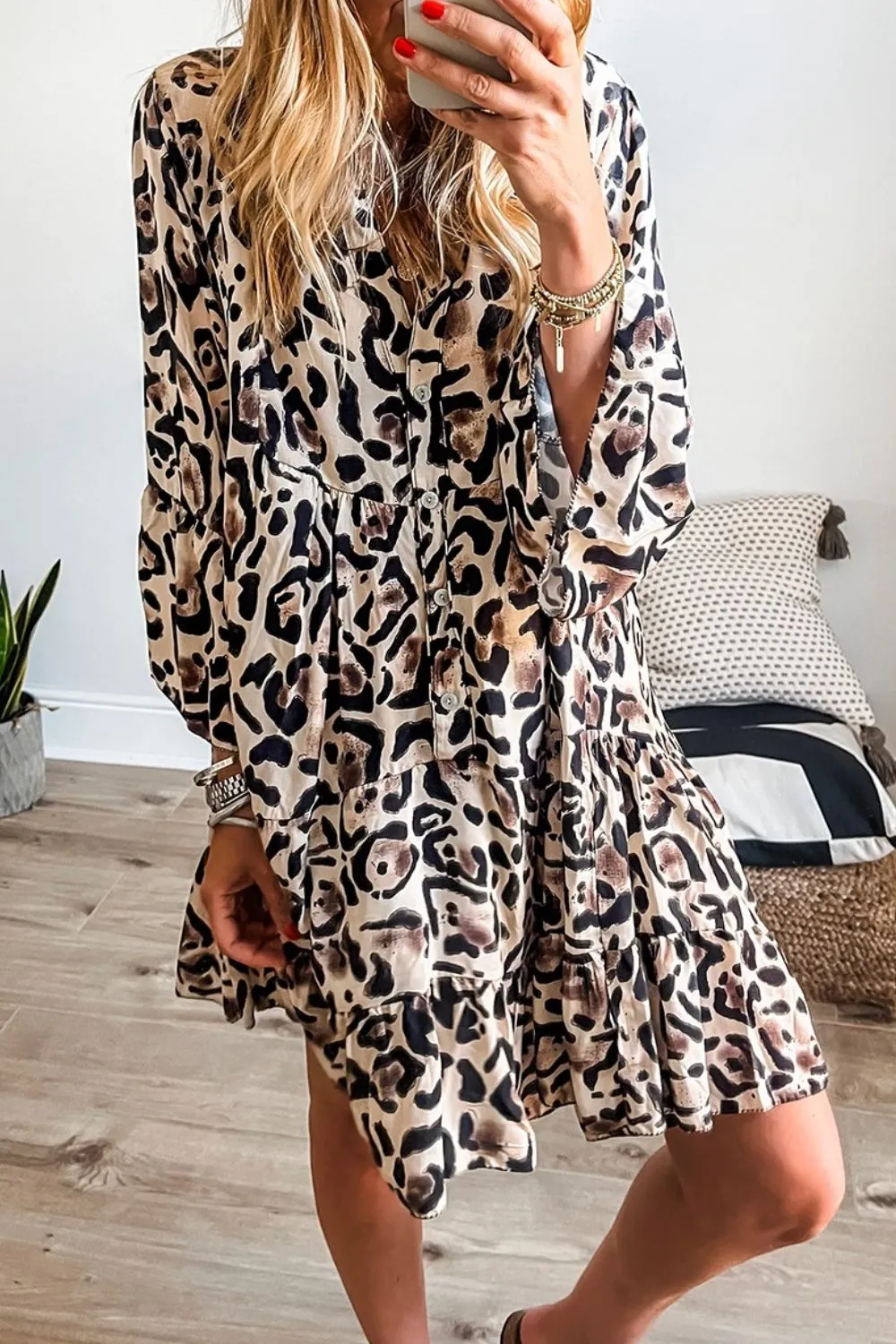 Leopard Print Buttoned Front 3/4 Sleeve Tiered Ruffled Hem Dress, image 23