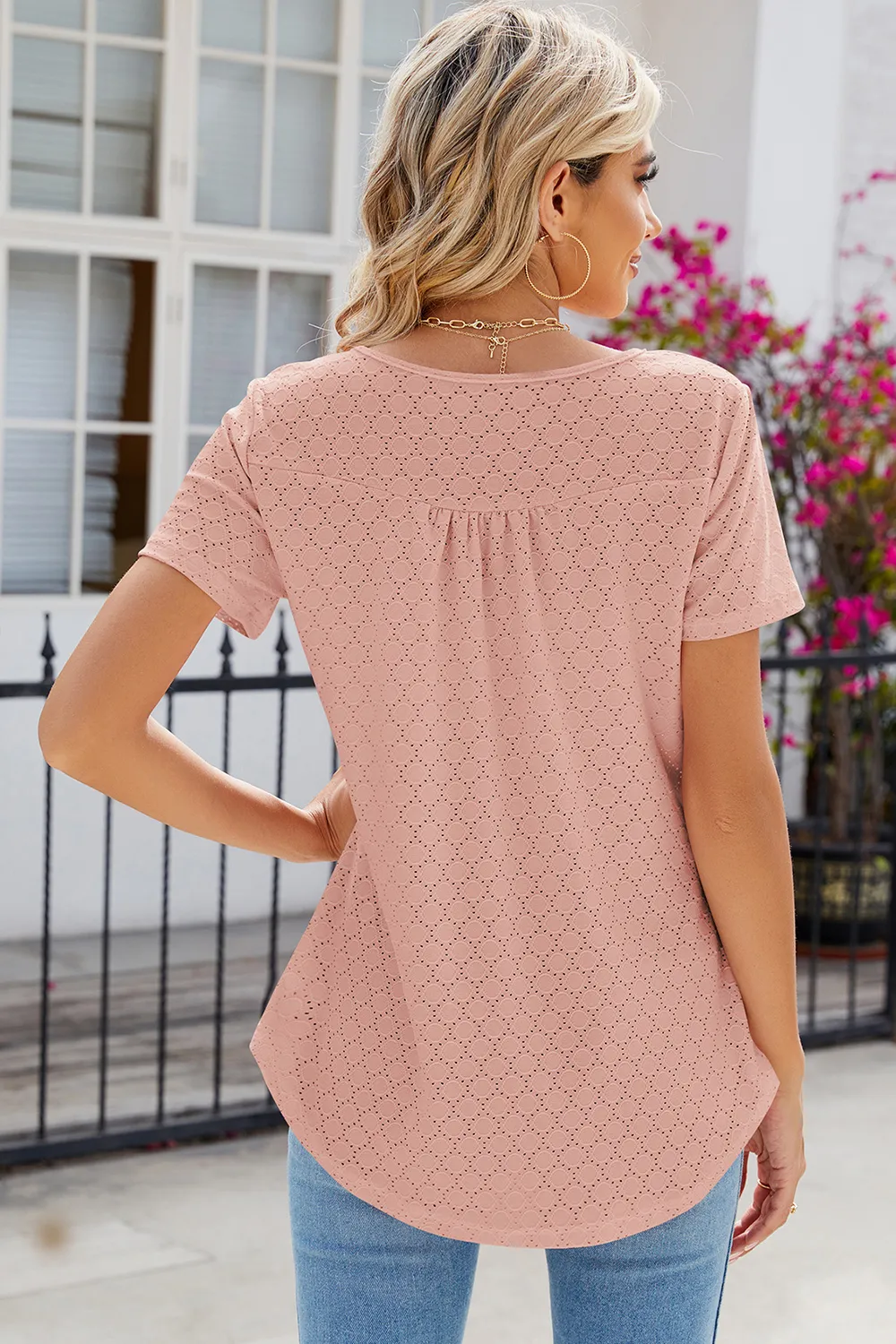 Eyelet Quarter Button Short Sleeve T-Shirt, image 24