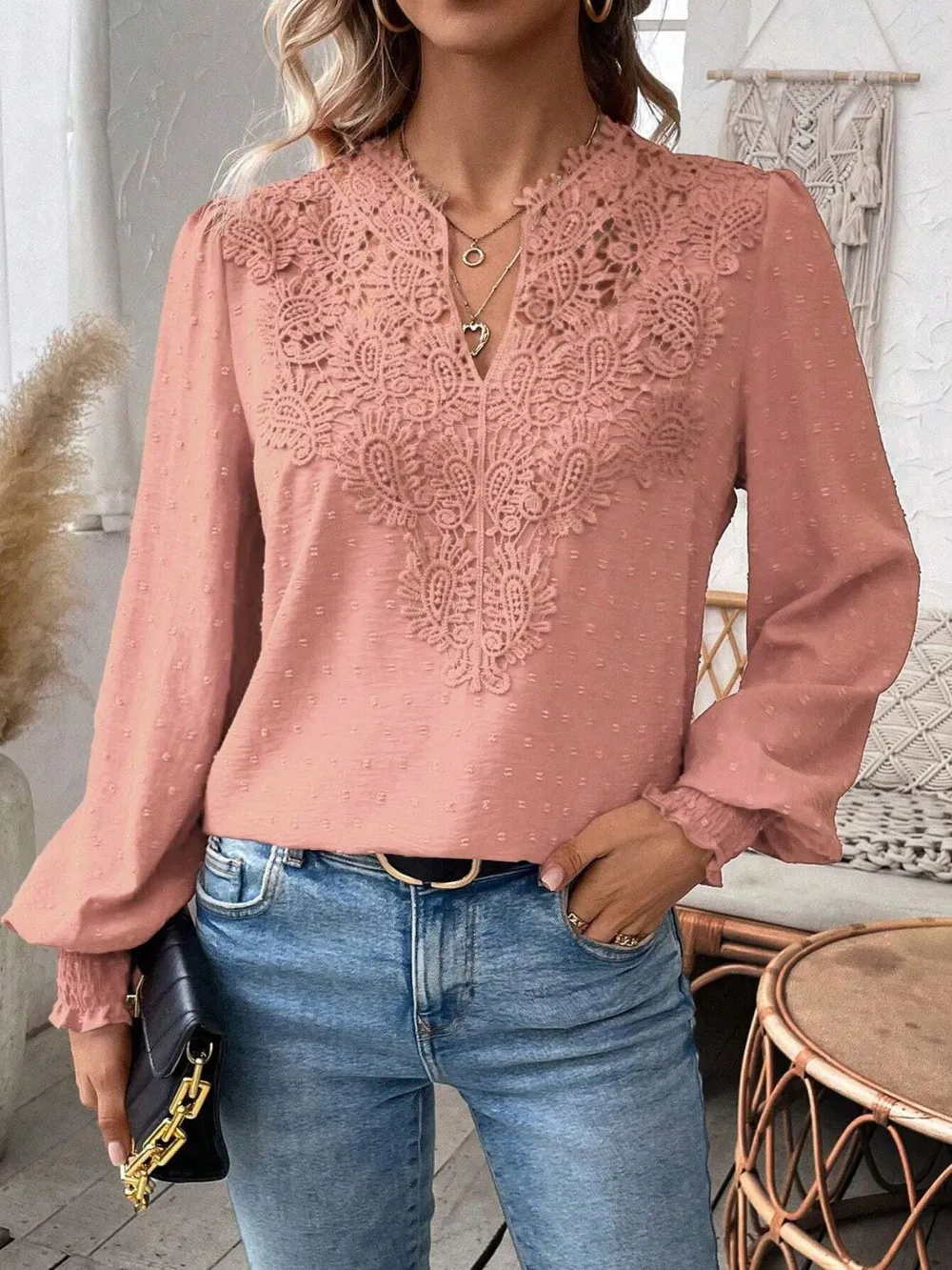 Swiss Dot Lace Detail Notched Long Sleeve Blouse, image 33