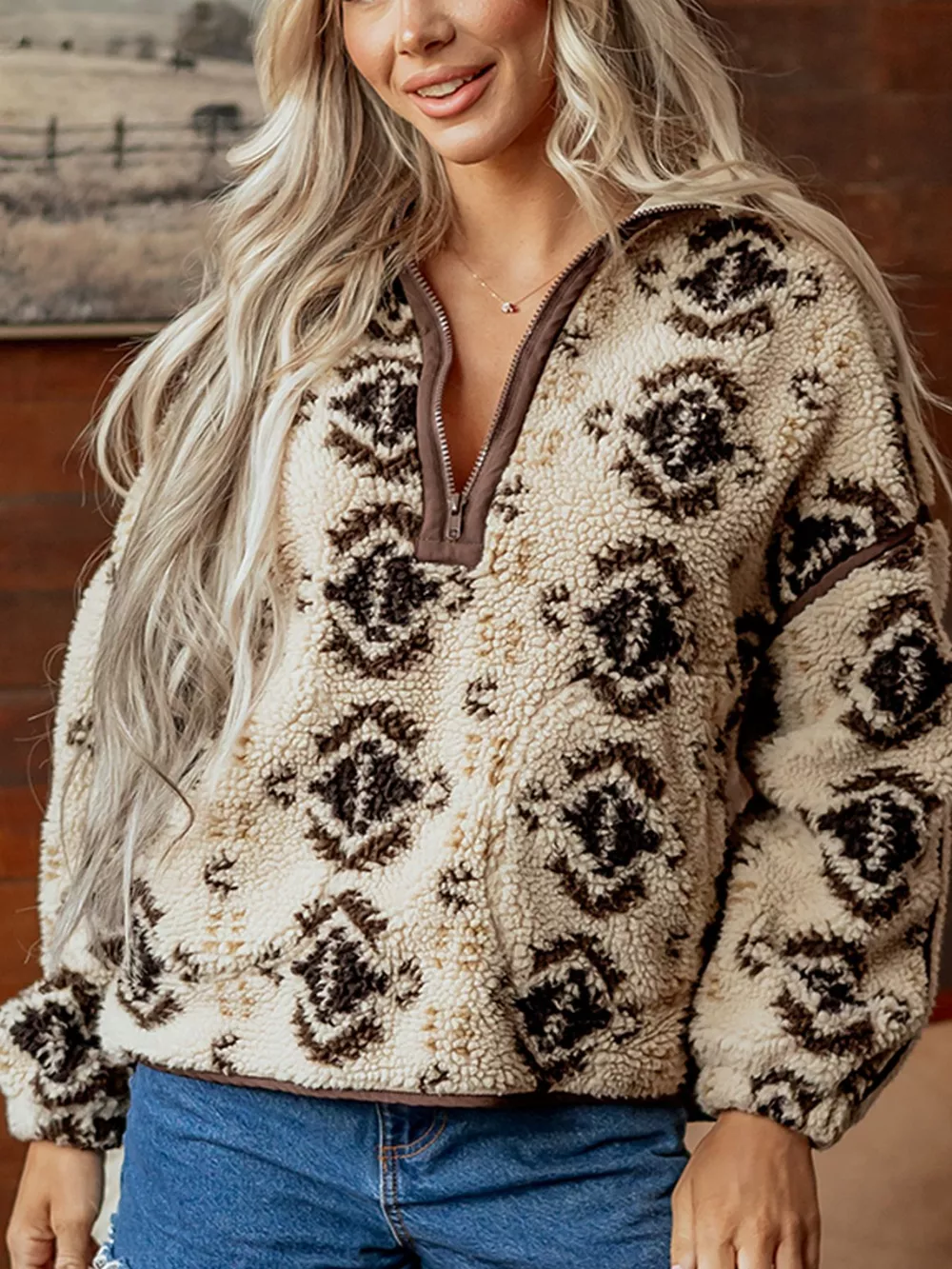 Aztec Print Quarter-Zip Sherpa Sweatshirt, image 7