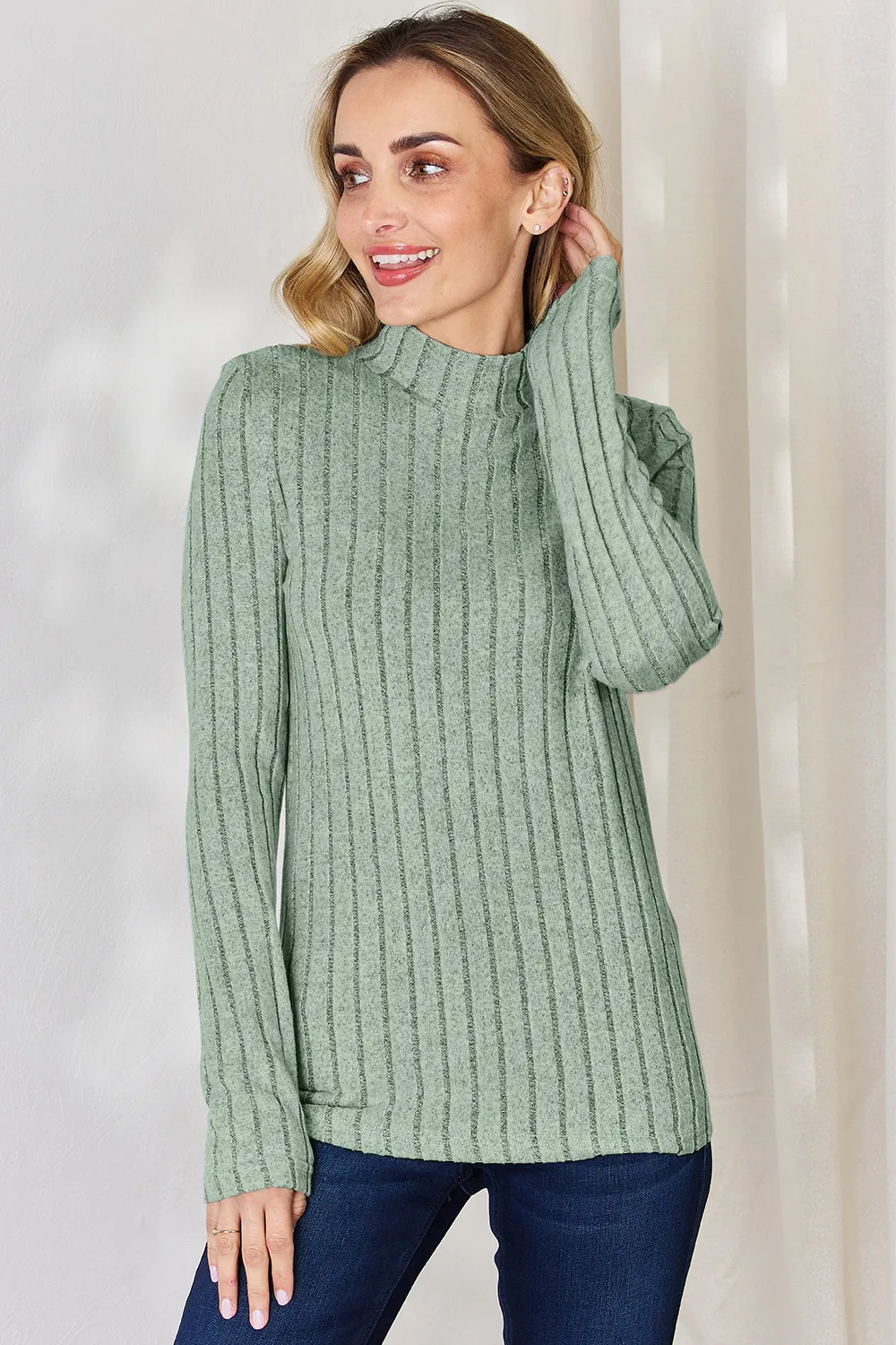 Full Size Ribbed Mock Neck Long Sleeve T-Shirt, image 36