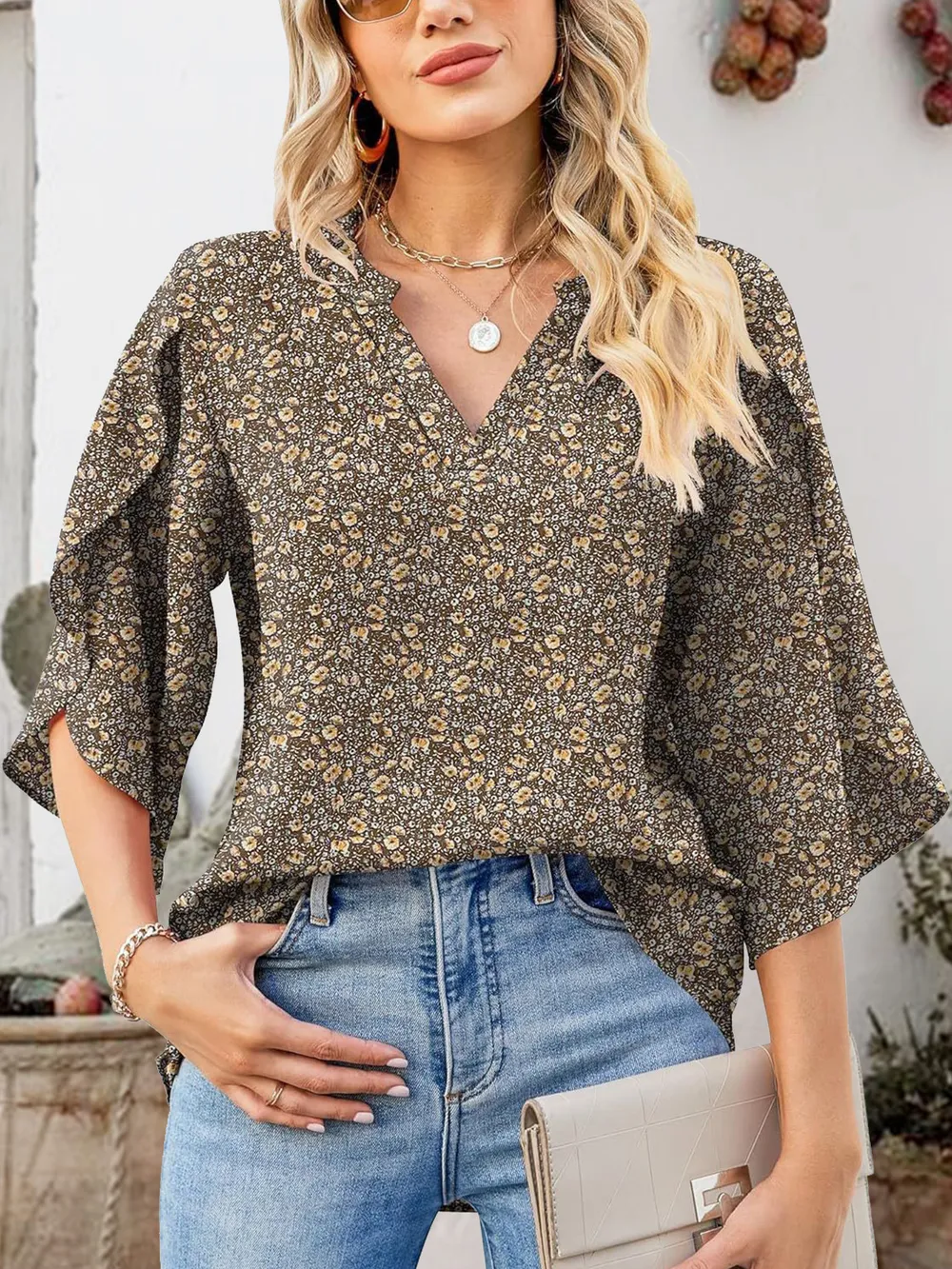 Printed Notched Half Sleeve Blouse, image 27