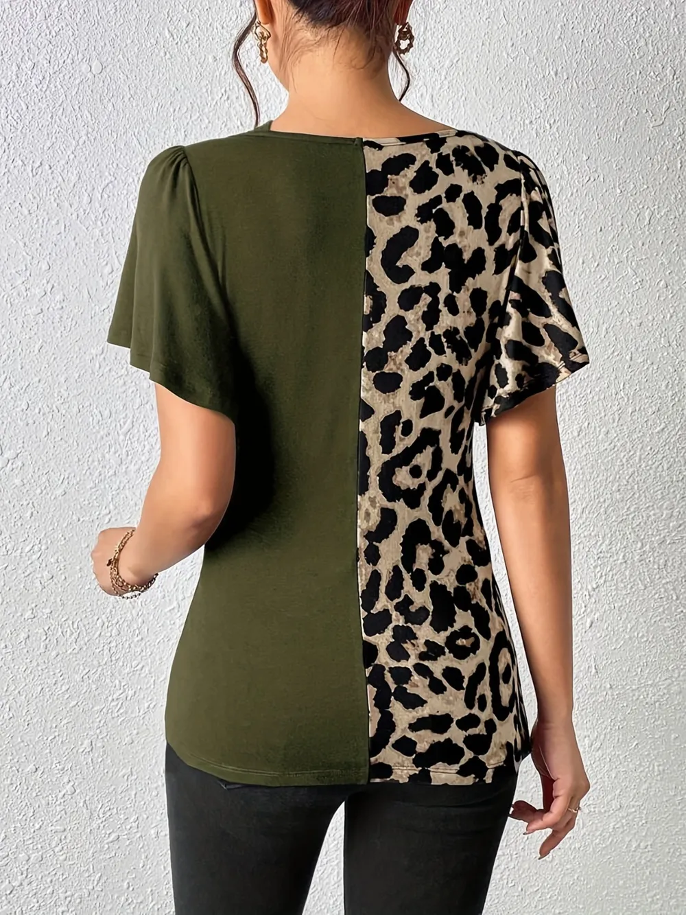 Ruched Leopard Flutter Sleeve T-Shirt, image 6