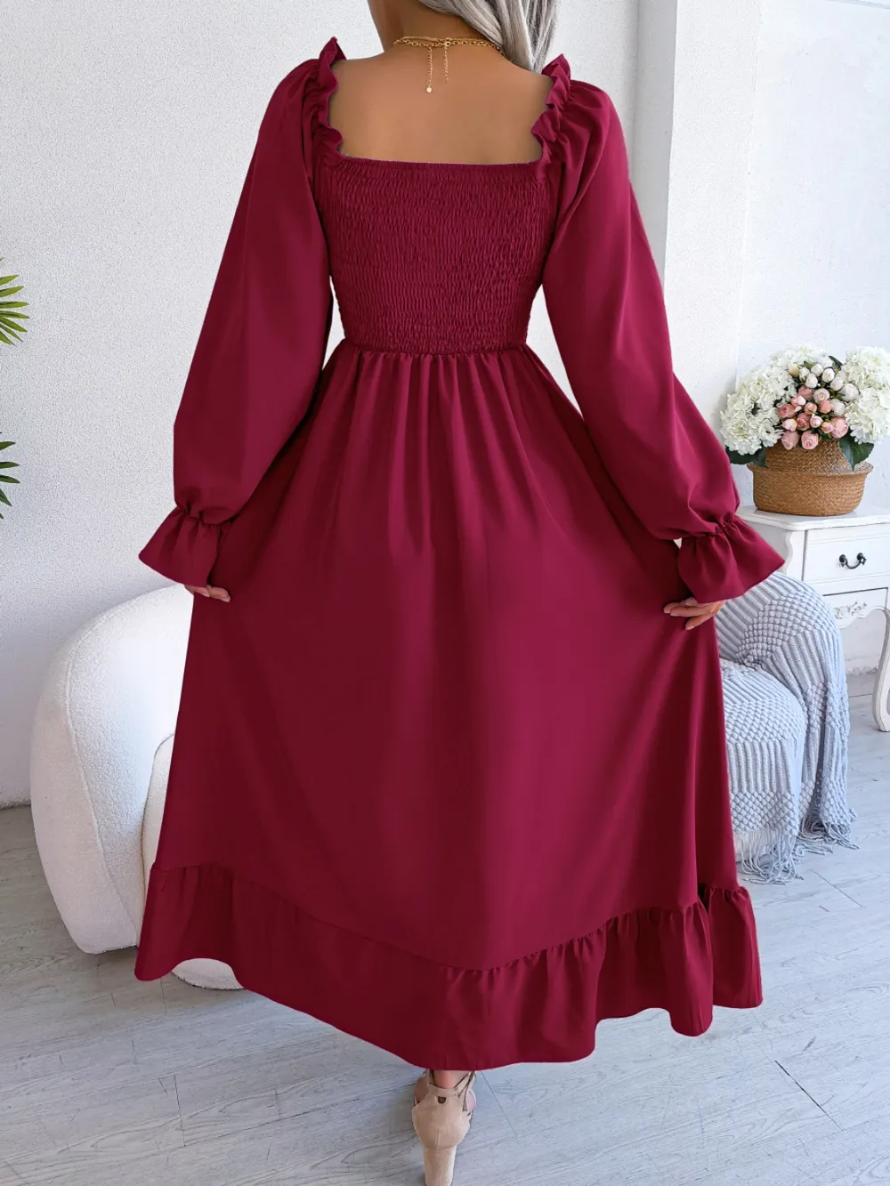 Smocked Square Neck Flounce Sleeve Dress, image 31