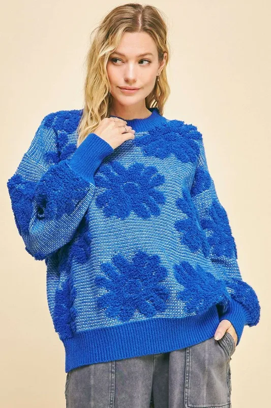 Flower Texture Round Neck Dropped Shoulder Sweater