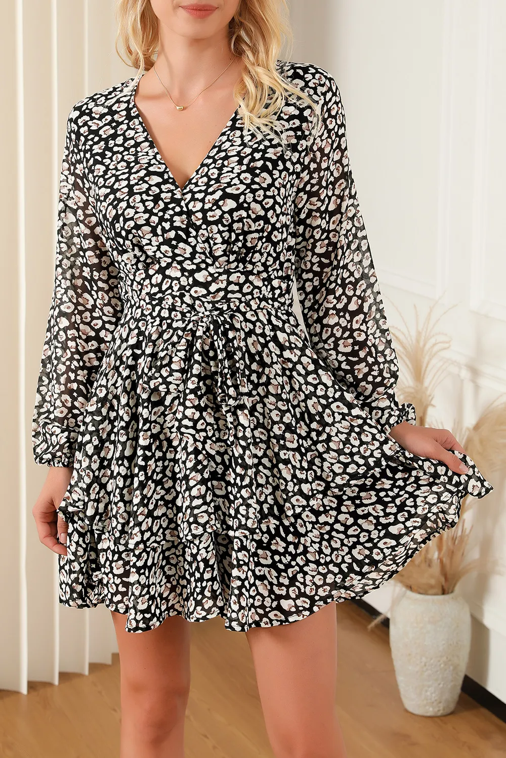 Printed Surplice Balloon Sleeve Mini Dress, image 15