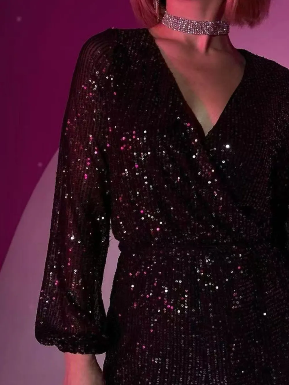 Full Size Sequin Surplice Tie Waist Long Sleeve Romper, image 25