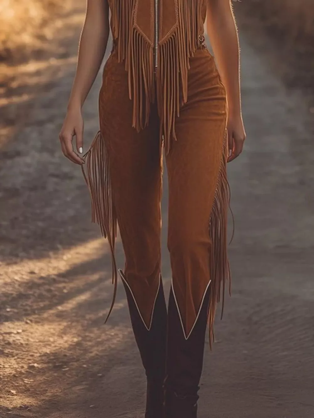 Western Style Fringe Zip Front Jumpsuit, image 3