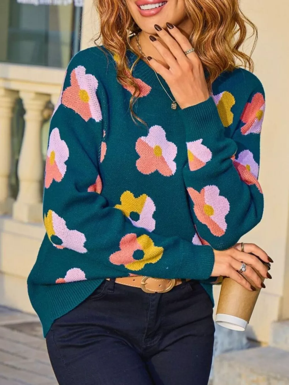 Floral Crew Neck Long Sleeve Sweater, image 11