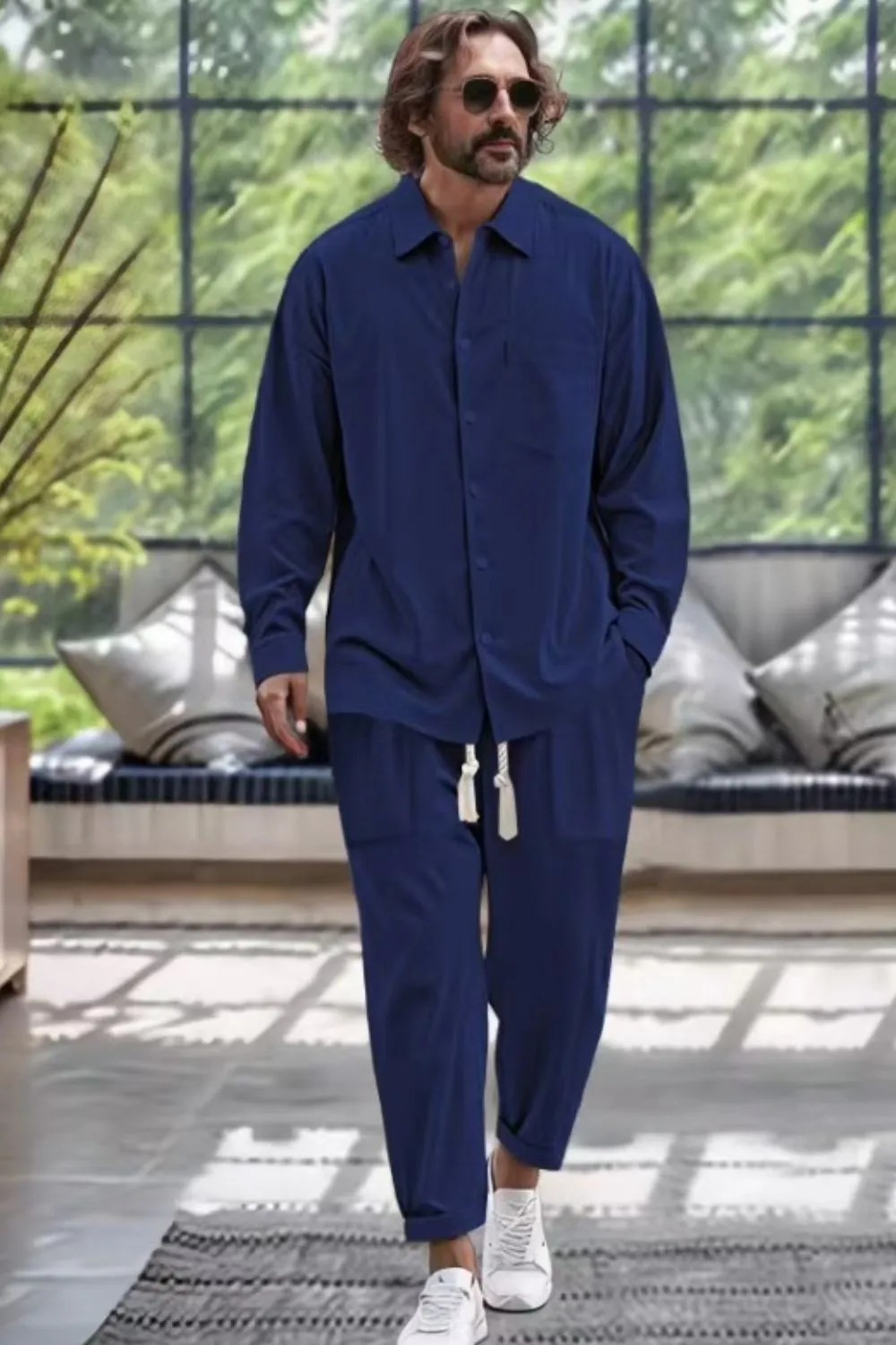 Men's Collared Neck Long Sleeve Top and Pants Set Plus Size, image 3
