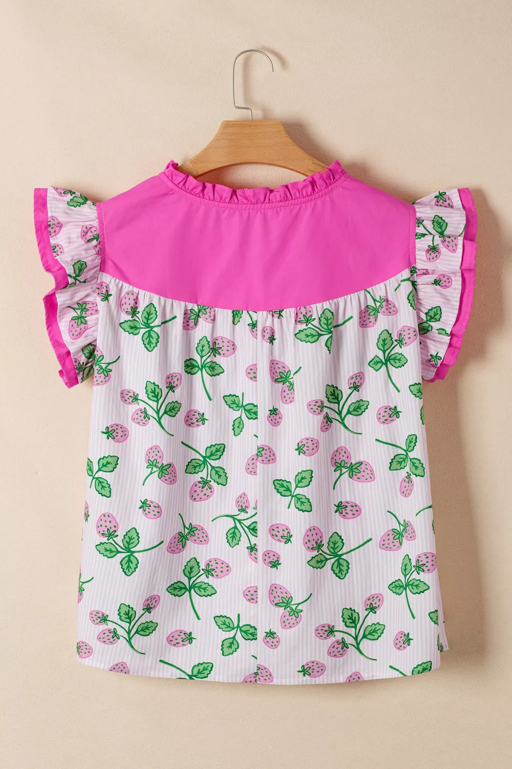 Striped Strawberry Printed Color Block Patchwork V Neck Flutter Sleeve Blouse, image 8