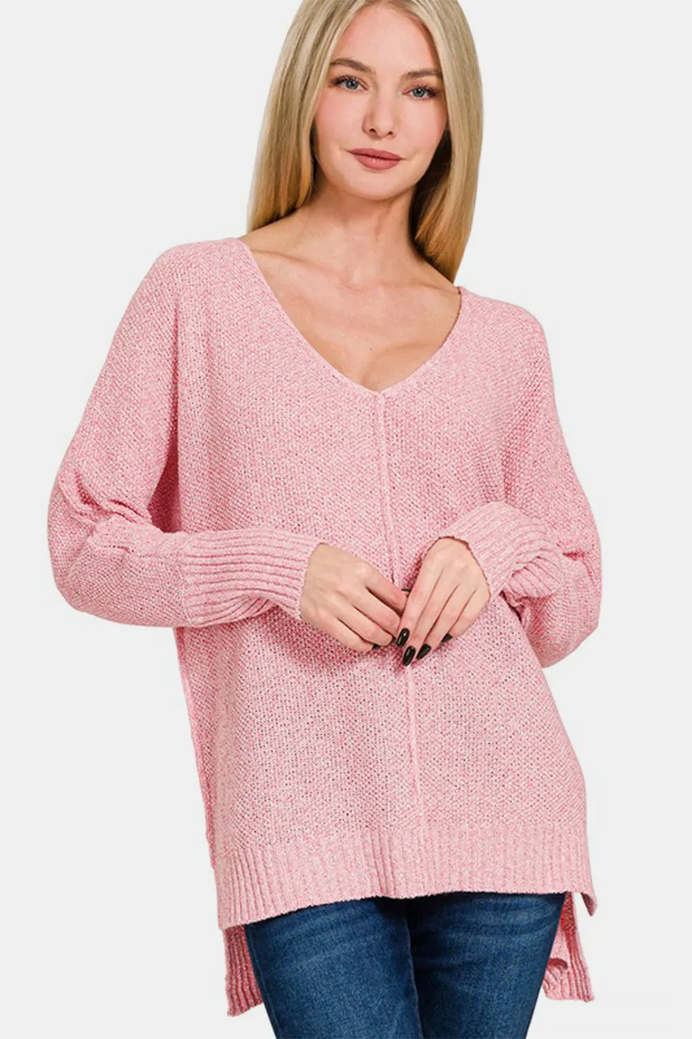 High-Low Center Seam V-Neck Sweater, image 3