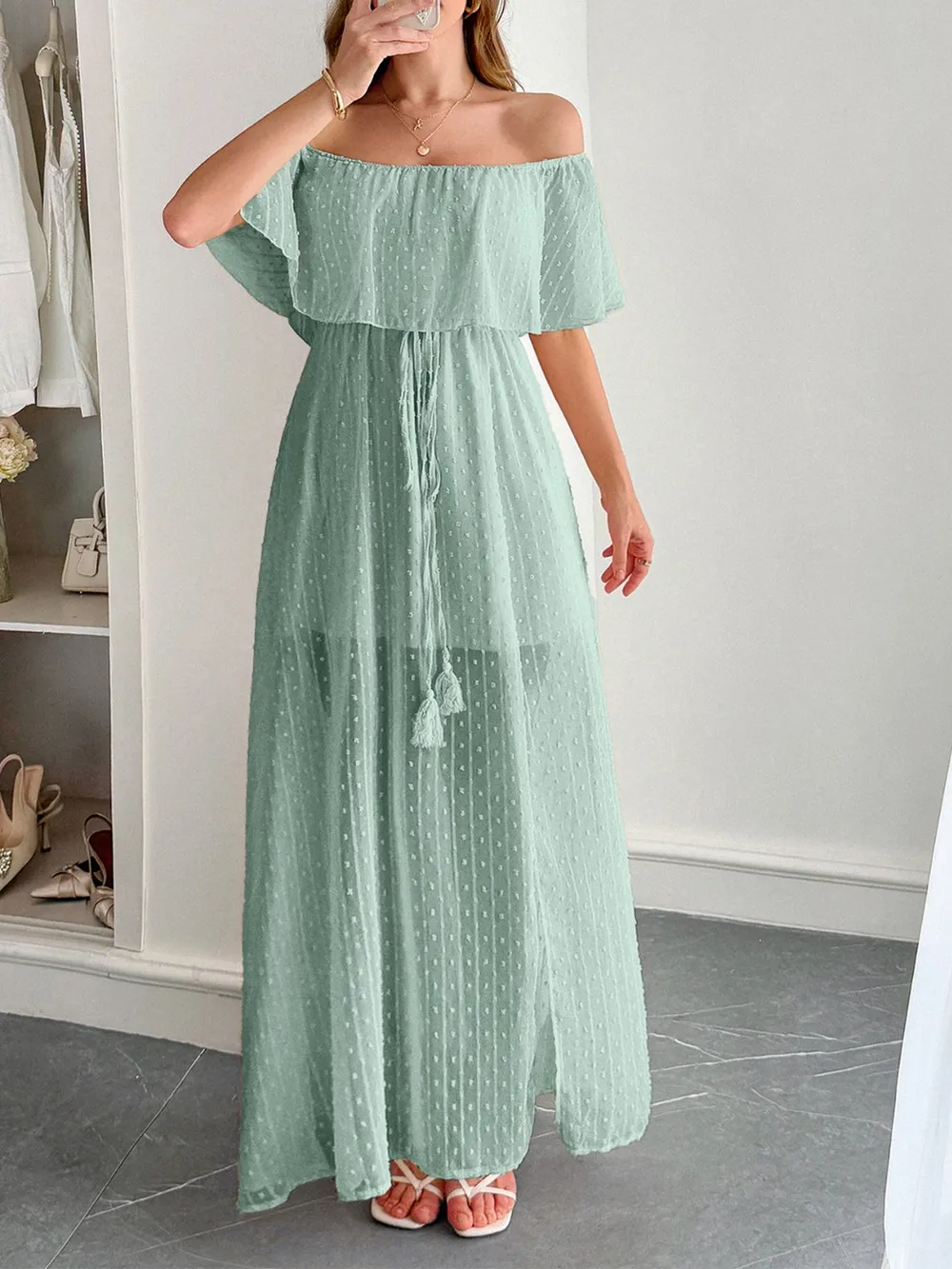 Swiss Dot Off Shoulder Maxi Dress, image 4