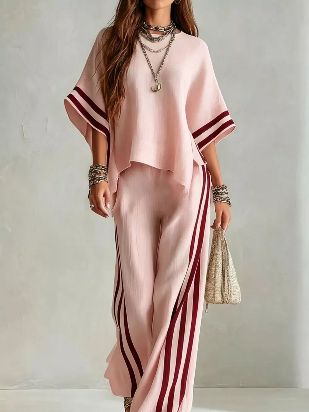 Full Size Striped 3/4 Sleeve Top and Pants Set Plus Size, image 14