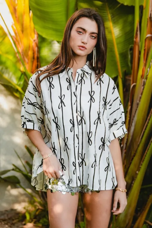 Bow Ribbon Woven Printed Button Down Shirt, image 4