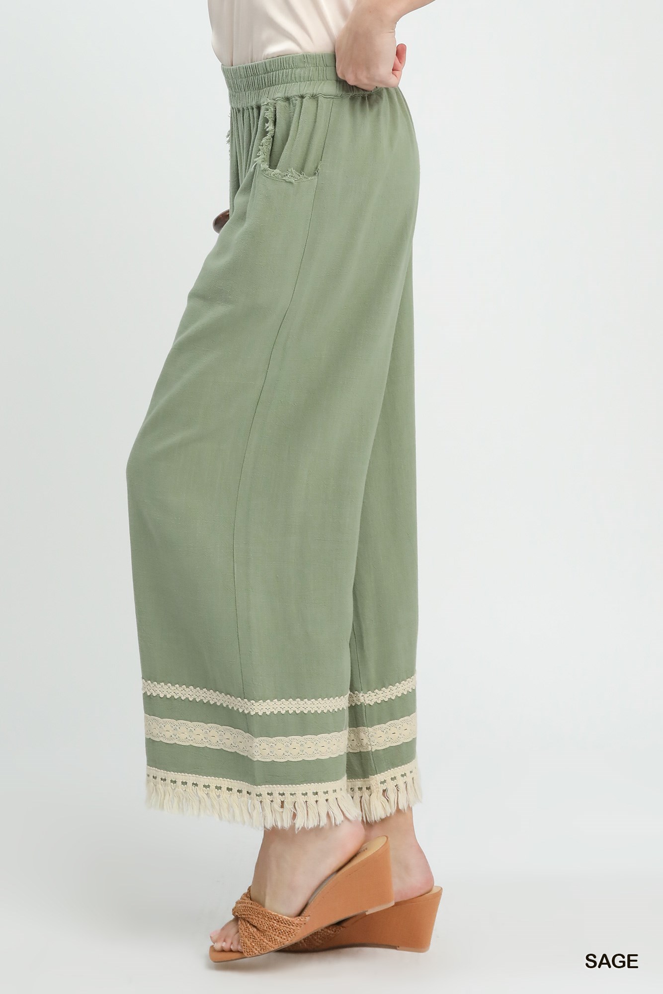 Lace Trim Fringe Hem Wide Leg Pants, image 5